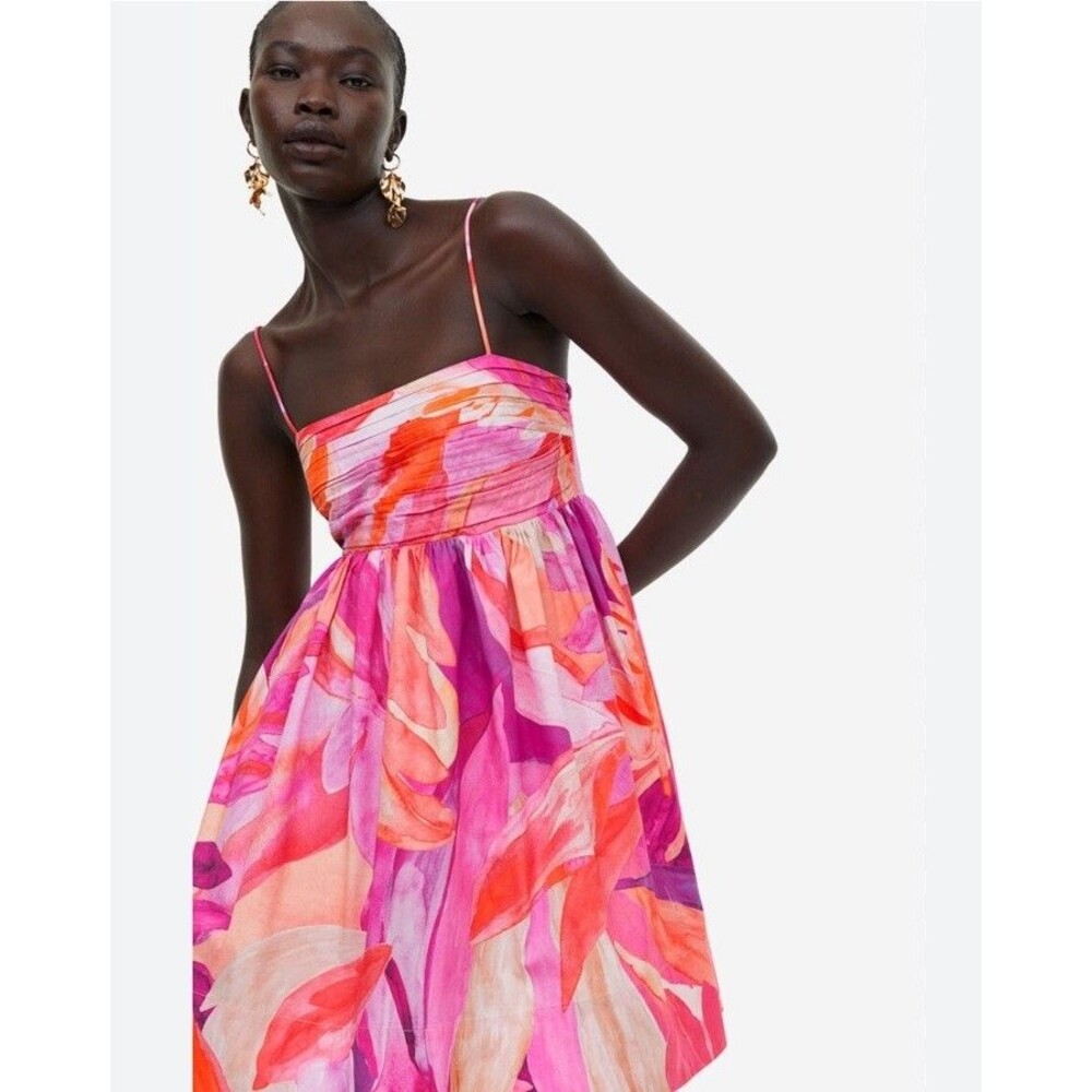 H&M Leaf Print Babydoll Mini Dress Pink Multi 100% Organic Cotton Medium NWT’s - Picture 3 of 16